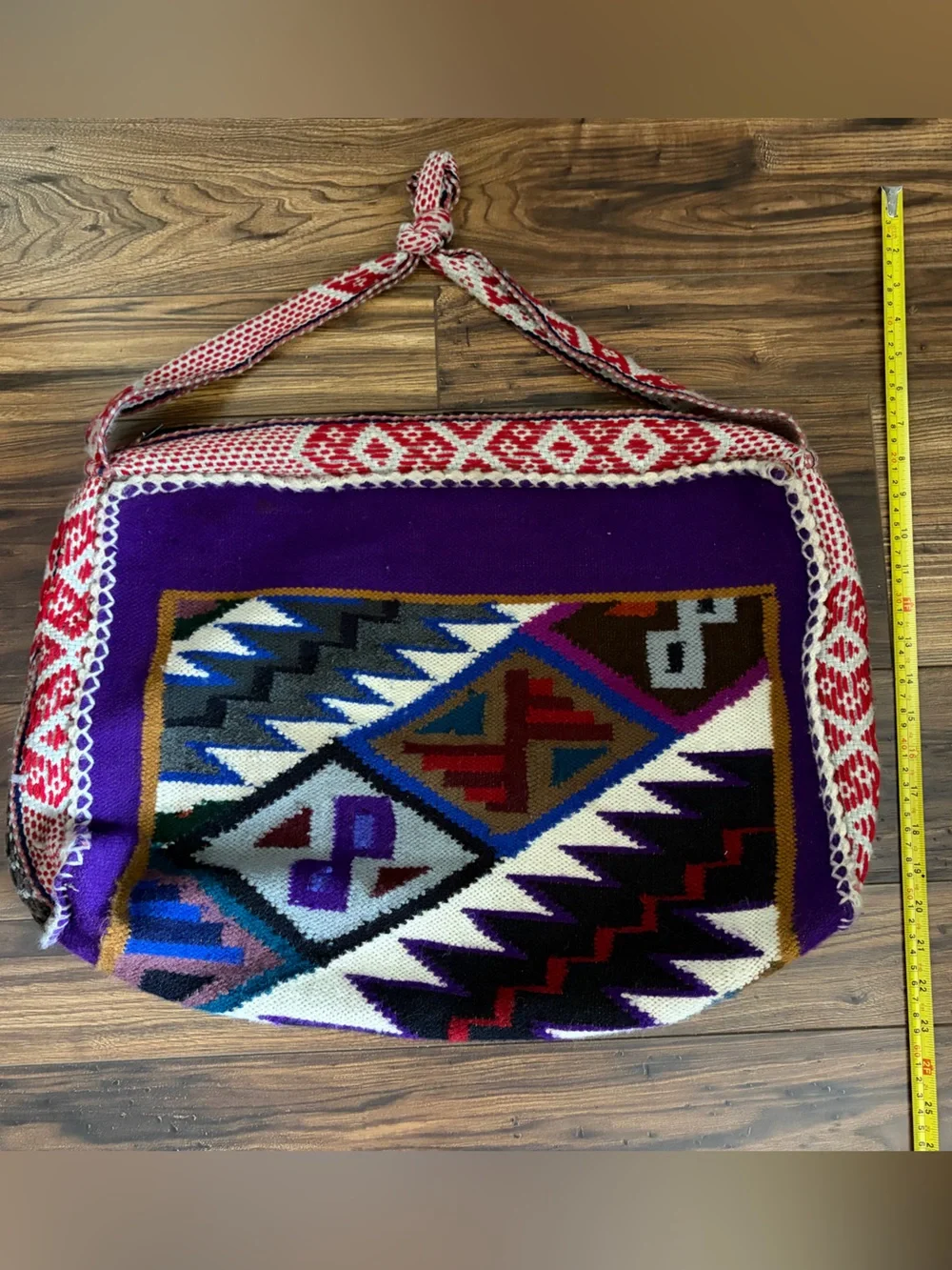Handwoven Purple Aztec Tote Bag with Red Accent Strap